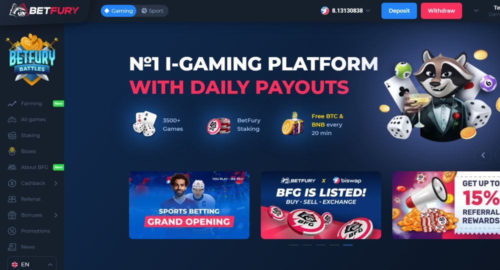 Interfaz del panel de usuario de Betfury mostrando balances, juegos y estadísticas de minería BFG